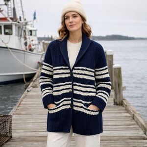 Lands End Women’s Chunky Knit Shawl Collar Button Front Stripe Cardigan Sz Med